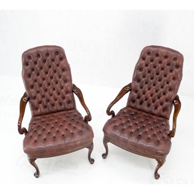 Late 20th Century Pair Burgundy Leather Queen Anne Tufted Upholstery Walnut Armchairs MINT For Sale - Image 5 of 17