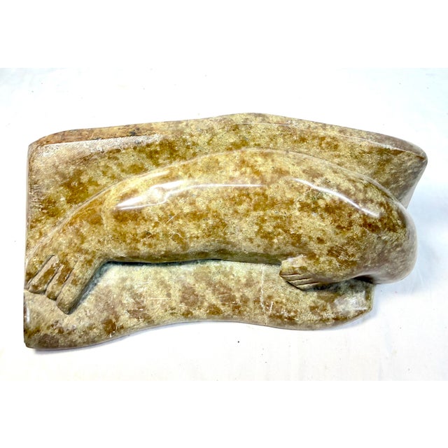 Antique Signed Carved Soapstone Eva Itulu Canadian Seal Eskimo Sculpture Inuit For Sale - Image 9 of 16