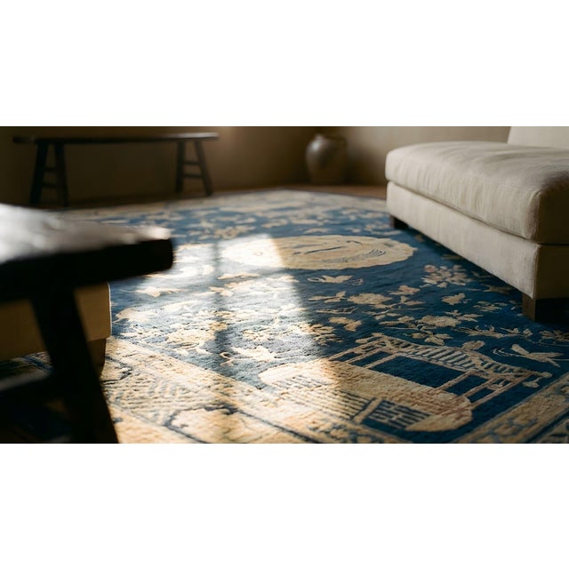 Great Navy Blue Ground Color With Beige Butterfly in a Chinoiserie Pattern Antique Chinese Peking Rug For Sale - Image 10 of 10