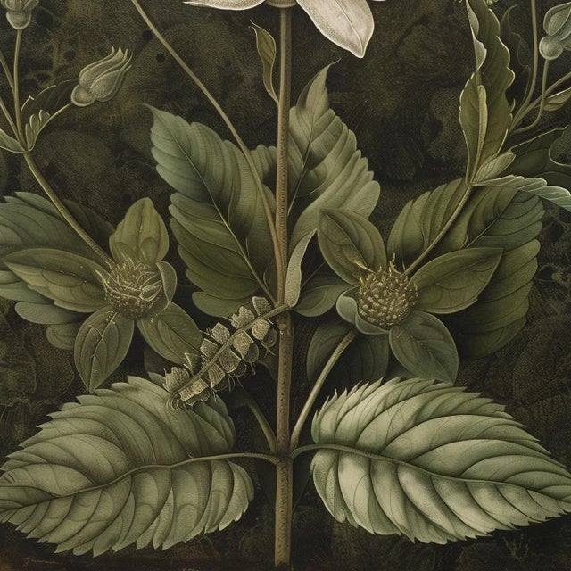 Grisaille Dark Green Flowers - Botanical Fine Art Print Dimensions: Print size (in): 18 x 18 (additional white borders for...