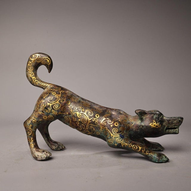 Bronze Antique Chinese Bronze Gold-Inlaid Mythical Beast (Wolf/Dog) Sculpture For Sale - Image 8 of 10