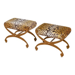 Pair of Italian Gilt Metal and Leopard Benches For Sale