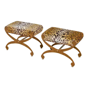 Pair of Italian Gilt Metal and Leopard Benches