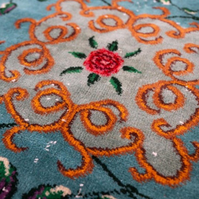 Vintage 1960s Turkish Sparta Savonnerie Rug, Teal Blue & Emerald Green With Roses – 6'8" X 9'9" For Sale - Image 6 of 12