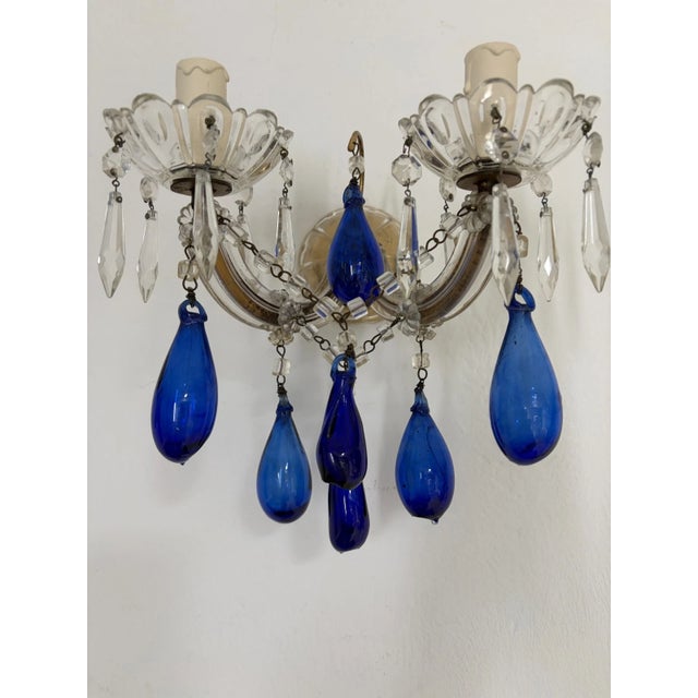 C 1920 Cobalt Mouth Blown Murano Drops Crystal Prisms Sconces One of a Kind For Sale - Image 4 of 11