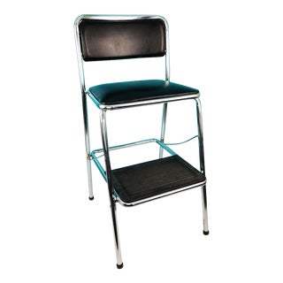 Mid Century Cosco Black Vinyl & Chrome Folding Kitchen Step Stool Chair For Sale