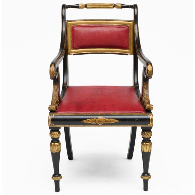 French Early 19th Century Danish Parcel Gilt and Black With Red Leather Upholstery Empire Arm Chair. French Style For Sale - Image 3 of 7
