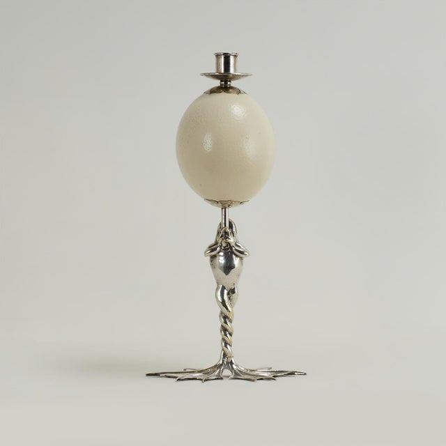 Metal Pair of Mid Century Silver Plate Ostrich Egg and Frog Candlesticks by Antony Redmile For Sale - Image 7 of 15