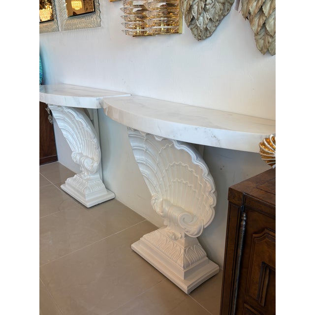 Grosfeld House Seashell Shell Scalloped Pair Demi Lune Wall Console Table Marble For Sale - Image 17 of 18