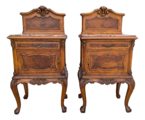 Pair of Antique French Louis XV Style Nightstands With Marble Tops, Burl Panels & Carved Cabriole Legs, Early 20th Century