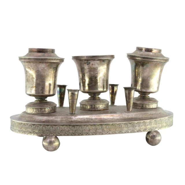 Metal Silver Inkwell with Reservoirs, Pen Holders with Guilloche Friezes and Ball-Shaped Feet For Sale - Image 7 of 7
