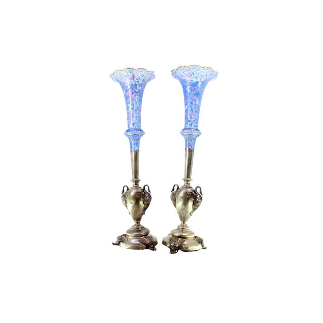 Silver Vases with Appliqués of Geese and Mythical Figures Holding Flower Pots in Relief-Painted Glass, Set of 2 For Sale - Image 9 of 9