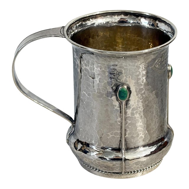 1908 English Arts and Crafts Design Sterling Silver Christening Mug W/Stone 3.25" H For Sale