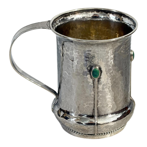 1908 English Arts and Crafts Design Sterling Silver Christening Mug W/Stone 3.25" H