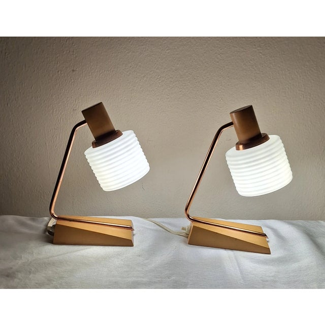 Vintage Bedside Lamps with Copper Frame and White Patterned Glass Shade, 1960s, Set of 2, in Very Good conditions....