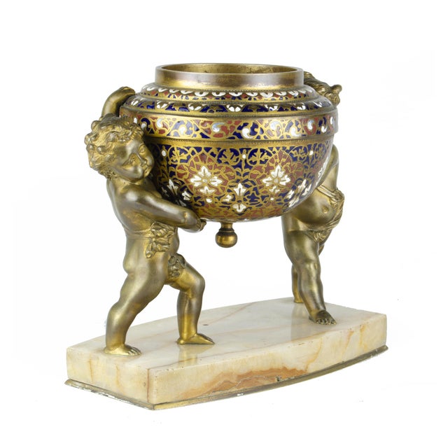 Figurative Late 19th Century Napoléon III Gilt Bronze Sculpture of Putti and Champlevé Bowl With Marble Base, France For Sale - Image 3 of 9