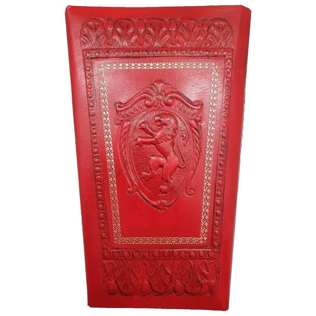 Tooled Embossed Leather Style Red Italian Wastebasket For Sale - Image 6 of 7