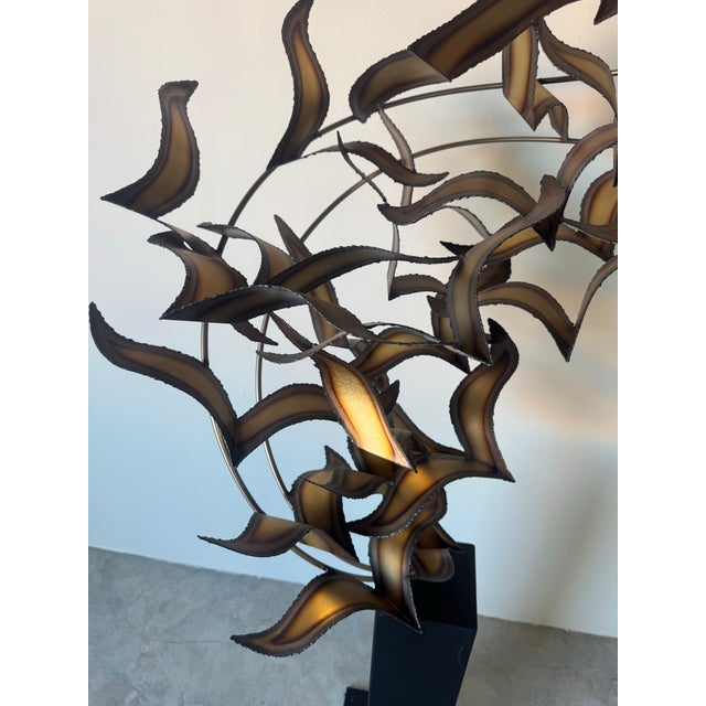 Abstract Modern Curtis Jere “Flying Birds” Brutalist Torch-Cut Metal Floor Sculpture on Pedestal/ Sold For Sale - Image 3 of 12