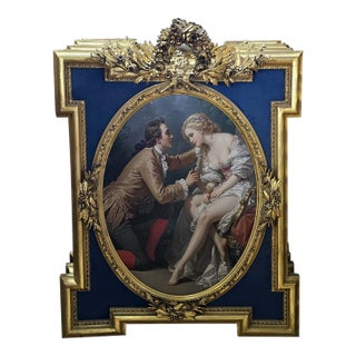 French Rococo Style Gold Leaf Portrait Frame With Romantic Couple & Floral Crest – Navy Blue Ornate Wall Art For Sale
