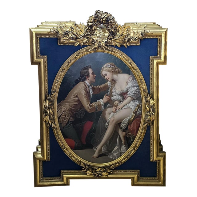 French Rococo Style Gold Leaf Portrait Frame With Romantic Couple & Floral Crest – Navy Blue Ornate Wall Art For Sale