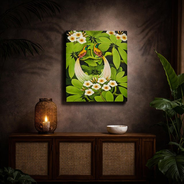 Tropical Flora Fauna Bird Acrylic on Canvas Painting For Sale - Image 4 of 4