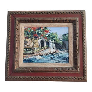 Vintage 1969 A. Burgos II Old San Juan Coastal Fort Oil Painting — Framed For Sale