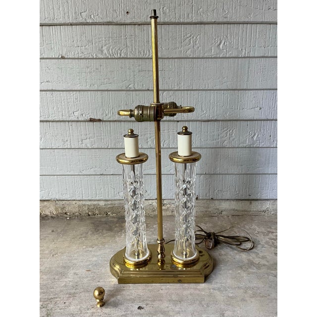 Transparent 1990s Waterford Two Column Crystal & Brass Bouillotte Lamp Accompanying Black Shade For Sale - Image 8 of 12