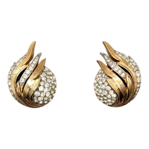 Vintage 1960s Signed Crown Trifari Goldtone & Pave Clear Rhinestone Clip Earrings-2 Pieces