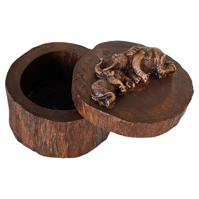 Decorative and Jewelry Box in Wood with Carved Elephants, France, 1970s For Sale - Image 13 of 13