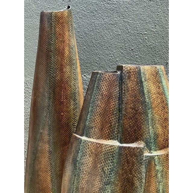 Metal Vintage Snakeskin Wrapped Geometric Vases - Set of 3 For Sale - Image 7 of 12