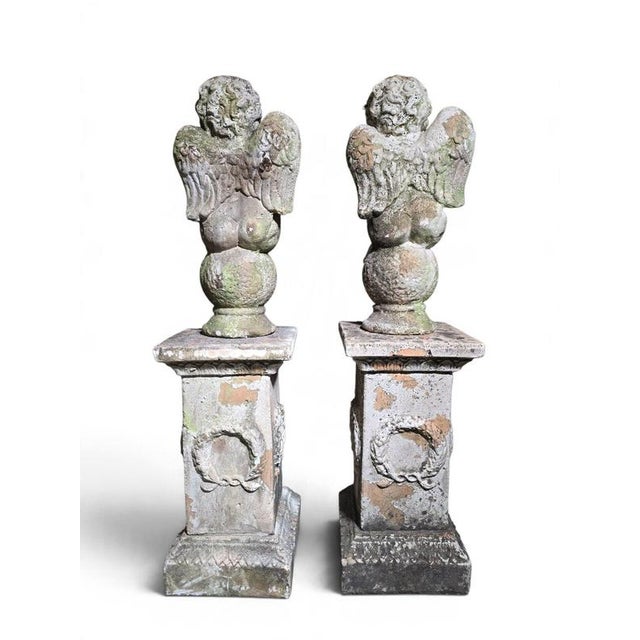 Gray Italian Artist, Cherub Sculptures on Pedestals, 19th Century, Terracotta, Set of 2 For Sale - Image 8 of 12