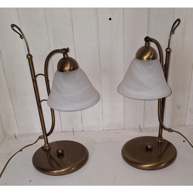 Vintage Italian Table Lamps with Brass Frames and Murano Glass Shades, 1980s, Set of 2 For Sale - Image 3 of 8