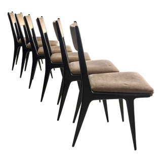 Dining Chairs in Black Lacquered Wood and Velvet attributed to Silvio Cavatorta, Italy, 1950s, Set of 6 For Sale