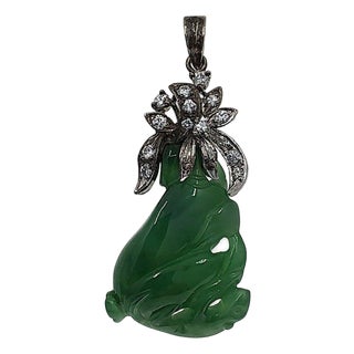 Carved Jade & Diamond 18kw Pendant For Sale