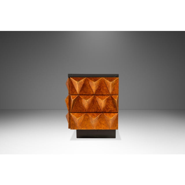 Set of Two (2) Futuristic Brutalist Italian Modern Sculptural Diamond Faced End Tables With Leather Tops, Italy, C. 1970s For Sale - Image 4 of 18