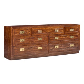 Henredon Campaign Mid Century Oak and Brass Lowboy Dresser For Sale