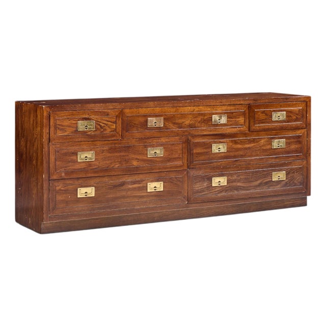 Henredon Campaign Mid Century Oak and Brass Lowboy Dresser For Sale