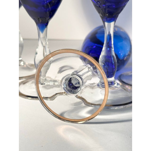 Vintage Bohemian Cobalt Glass Decanter and Six Wine Glass Set For Sale - Image 10 of 11