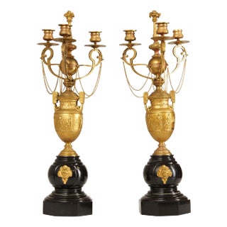 Neoclassical Style Pair of Gilt Bronze Marble Candelabra For Sale