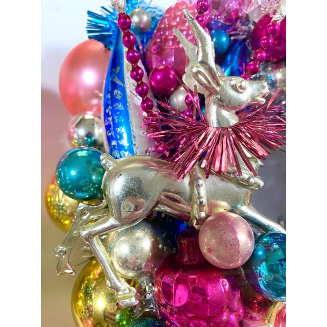 Pink Pair of Handmade Christmas Wreaths With Vintage Glass Ornaments & Reindeer For Sale - Image 8 of 12