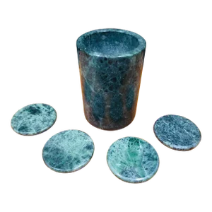Vintage Mid Century Italian Green Marble Wine Chiller With 4 Matching Coasters-Set of 5