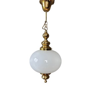 Vintage Pendant Lamp with Opal Glass Globe and Brass Details, 1970s For Sale