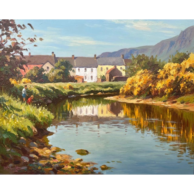 Irish Landscape Art - Fly Fishing River Scene in Coastal Village Ireland by Contemporary Irish Artist, 2000 Circa For Sale - Image 6 of 12