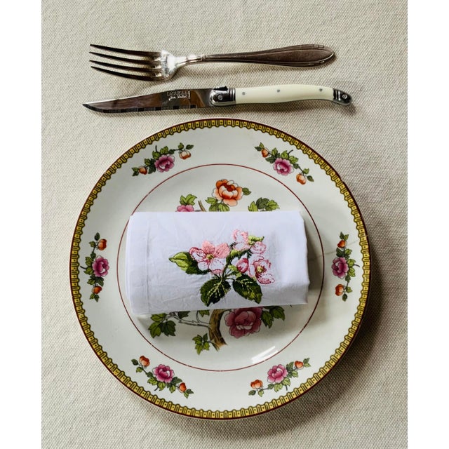 Textile French Cherry Blossom Embroidered Cotton Percale Dinner Napkins | Paris Flea Market Find - Set of Four For Sale - Image 7 of 18
