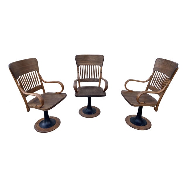 Antique Oak Courtroom Juror Chairs Set of 3 Cast Iron Base Early 1900s For Sale