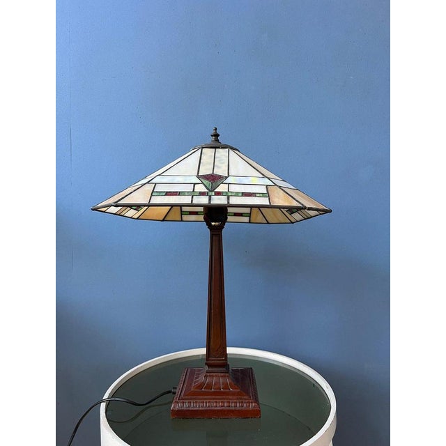 Art Deco Tiffany Style Table Lamp with Stained Glass Shade For Sale - Image 6 of 9
