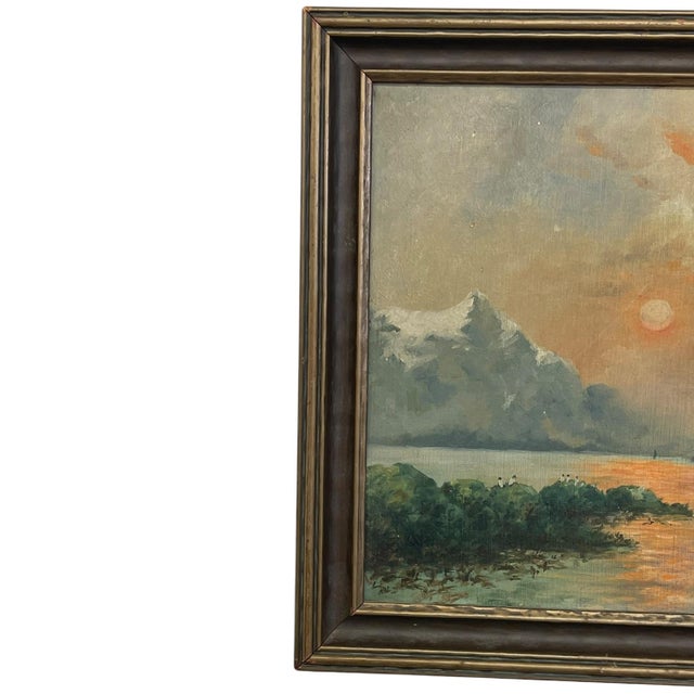 1970s Vintage Framed Mountain Landscape Painting, Snow-Capped Peaks at Sunset, Mid-Century Scenic Wall Art. For Sale - Image 5 of 9