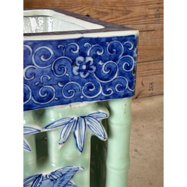 Chinoiserie Large Pierced Celadon Faux Bamboo Ceramic Umbrella Stand or Jardinière For Sale - Image 3 of 12