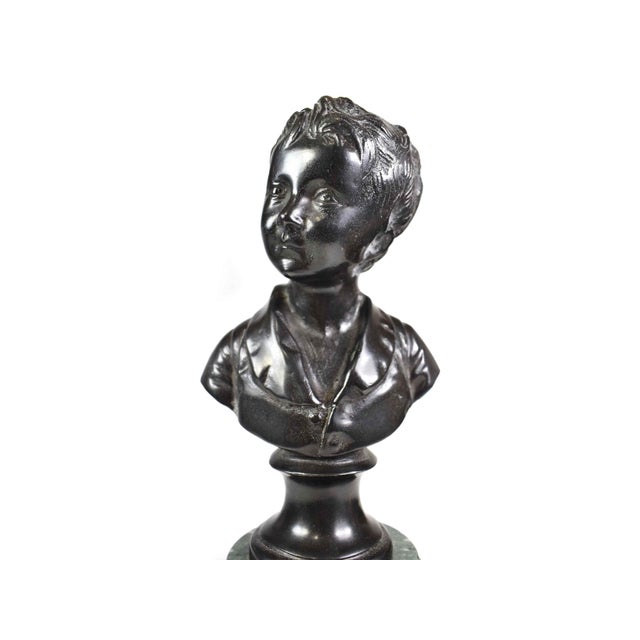 Mid 20th Century Vintage Neoclassical Bronze Boy and Girl Bust on Marble Base Figurines- A Pair For Sale - Image 5 of 15
