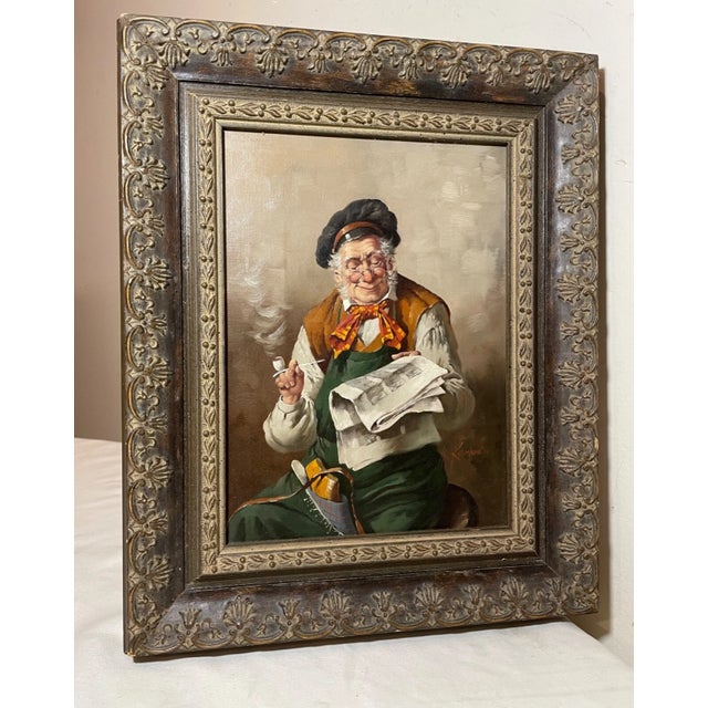 1940s 1940s Original Franz Kerber Cobbler Smoking Pipe Realism Oil Painting Signed For Sale - Image 5 of 11